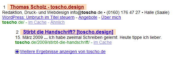 Screenhot der Sitelinks vom 22.01.2010
